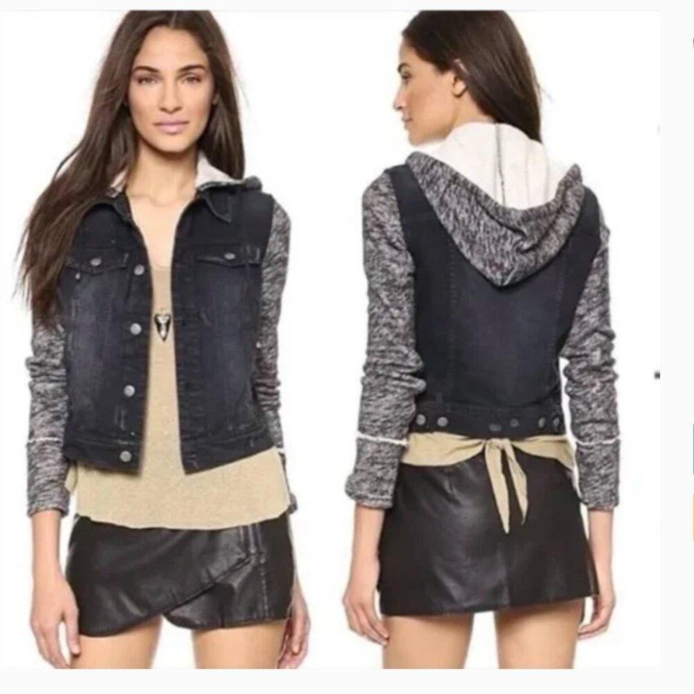 Free People Mixed Media Distressed Cropped Hooded Denim Knit‎ Jean Jacket Size S